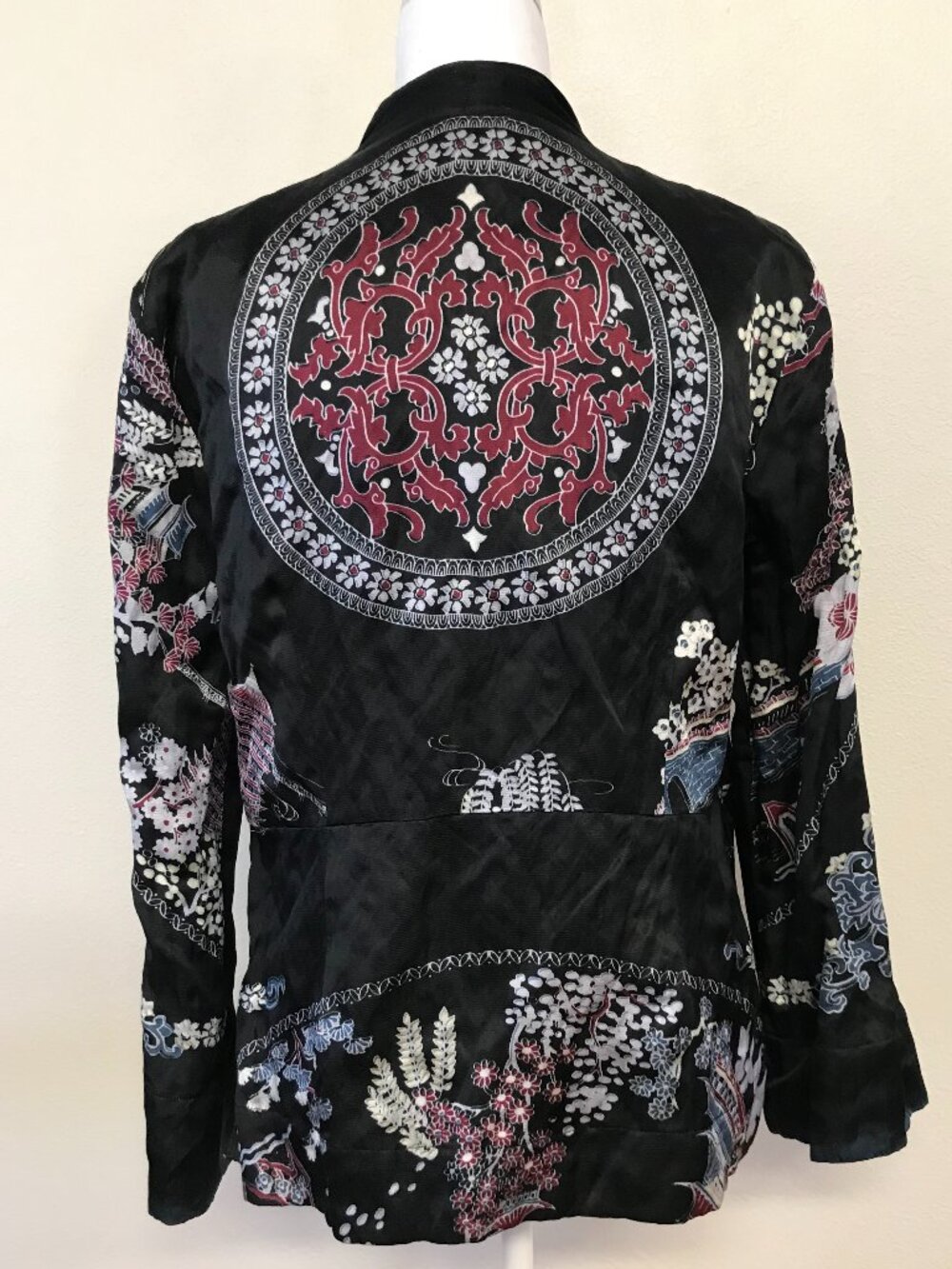 Citron Santa Monica Silk Blend Jacket M Black Floral Metallic Art to Wear Boho